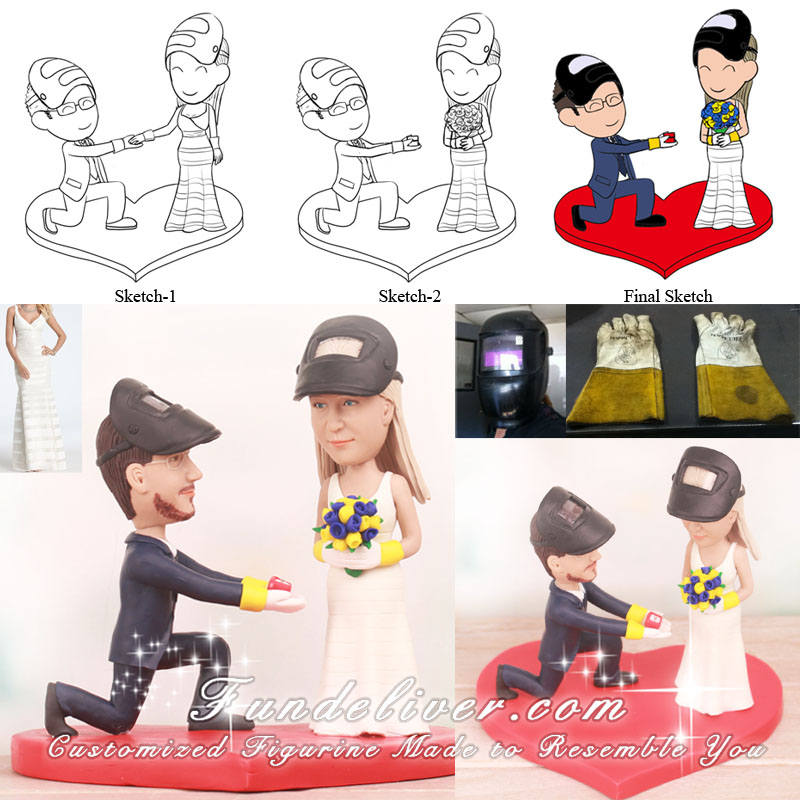 Bride and Groom Wearing Welding Hoods and Tig Gloves Cake Toppers